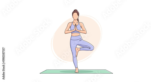 Woman practicing Vrksasana (Tree Pose) in yoga, standing on one leg with hands in prayer position on a yoga mat