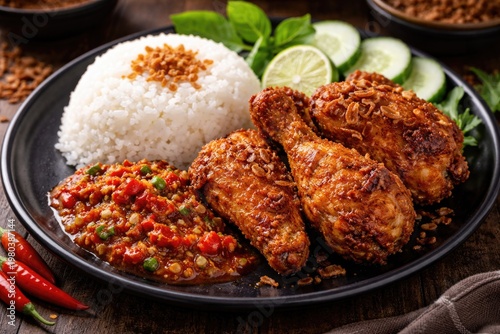 Traditional Indonesian fried chicken with spicy chili sauce and steamed rice on a black plate