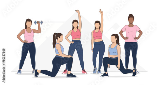 Diverse group of women engaging in various fitness activities, showcasing strength, health, and active lifestyles