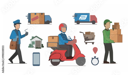 Delivery service workers courier and parcel cartoon vector set