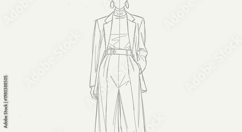 Fashion illustration of a person wearing a stylish outfit with wide-leg trousers and a tailored jacket