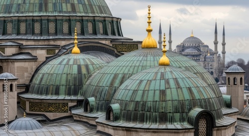 Iconic moscow skyline with golden domes and green-roofed building