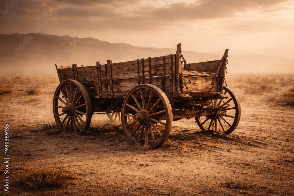 Fototapeta premium An old wooden wagon left in isolation on a barren dusty plain