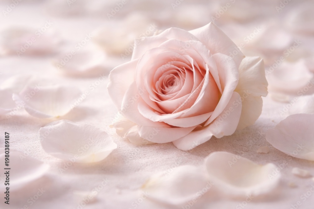 Fototapeta premium A delicate soft pink rose surrounded by scattered white petals on a gentle surface