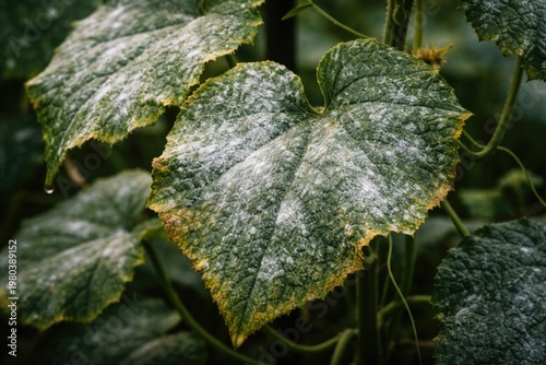 Close up of infected cucumber leaves showing white powdery mildew disease