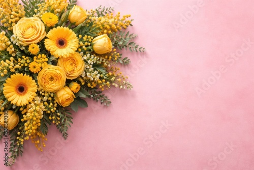 Yellow flower arrangement viewed from above on a pink surface with copy space