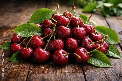Fresh cherries with green leaves on rustic wooden table