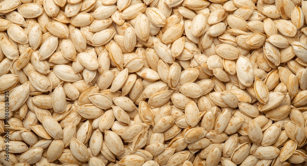 Fototapeta premium Top view of shelled pumpkin seeds arranged neatly with ample copy space