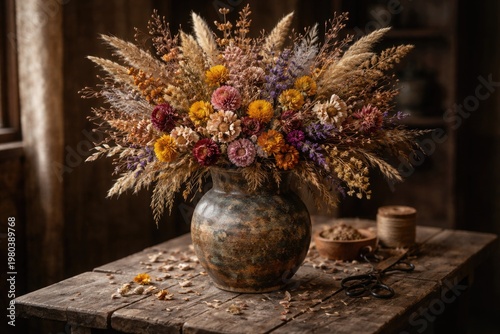 A vibrant vase overflowing with dried floral mix on a rustic wooden table