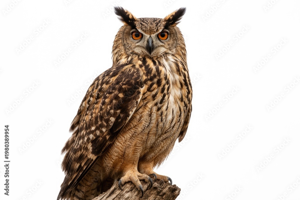 Fototapeta premium Majestic eagle owl perched with detailed feathers against a white background
