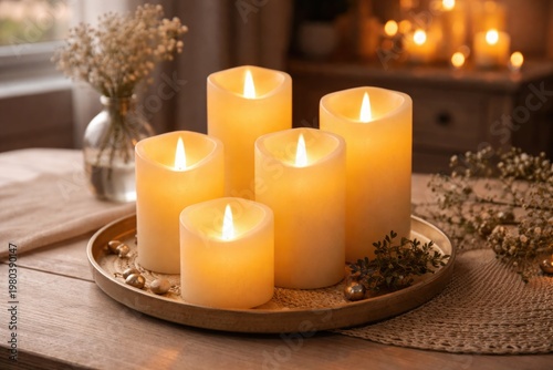 Decorative LED candles glowing softly on a pale wooden table creating a soothing ambiance