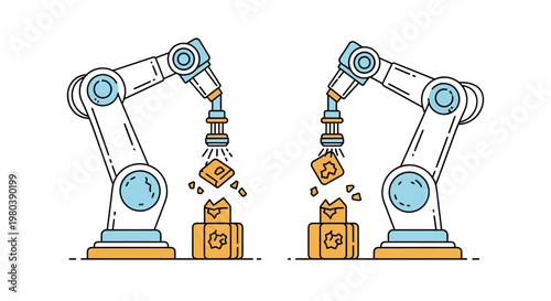 An automation manufacturing illustration depicts two robotic arms on an assembly line, precisely placing components onto boxes against a clean white background in a flat vector design