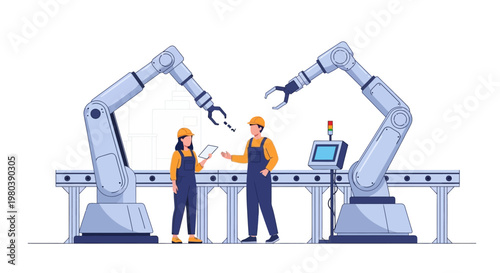 Flat vector illustration showcasing automation manufacturing in industry 4.0 with two workers overseeing robotic arms on an assembly line, set against a clean white background