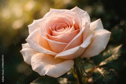 Close up of a single blooming rose flower in natural light