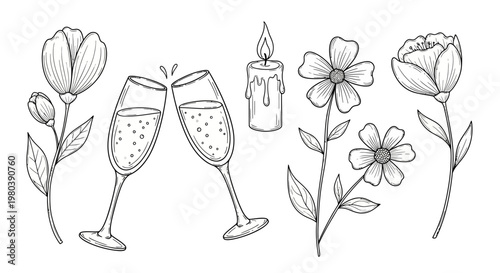 A charming collection of line art illustrations featuring champagne flutes, flowers, and a lit candle, perfect for celebratory and decorative themes