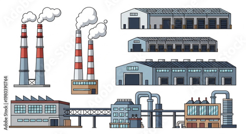 Industrial factory buildings and smokestacks illustration.