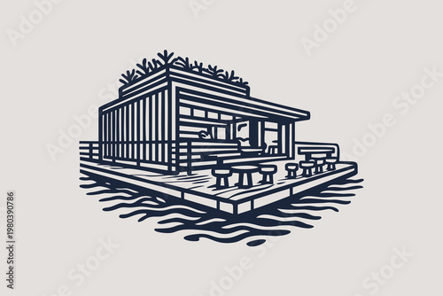 Floating Waterfront Bar Linocut Illustration