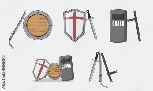 A collection of flat vector illustrations featuring various medieval and modern defensive shields and weapons.
