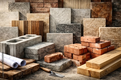 Collection of diverse building materials featuring brick concrete and wooden textures for architectural design