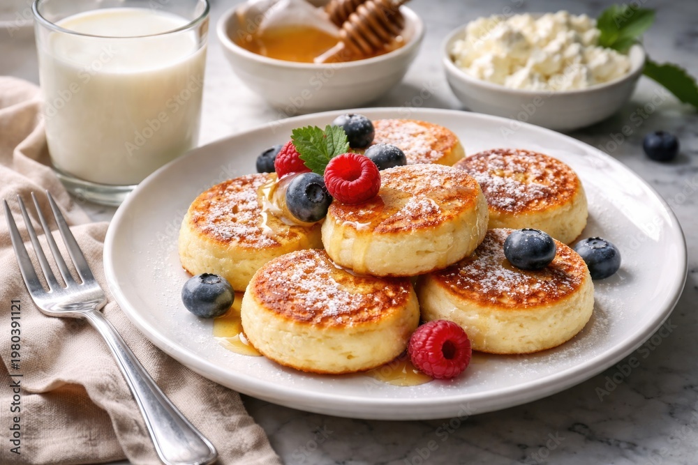 Fototapeta premium Nutritious breakfast featuring cottage cheese pancakes served with milk on a white plate