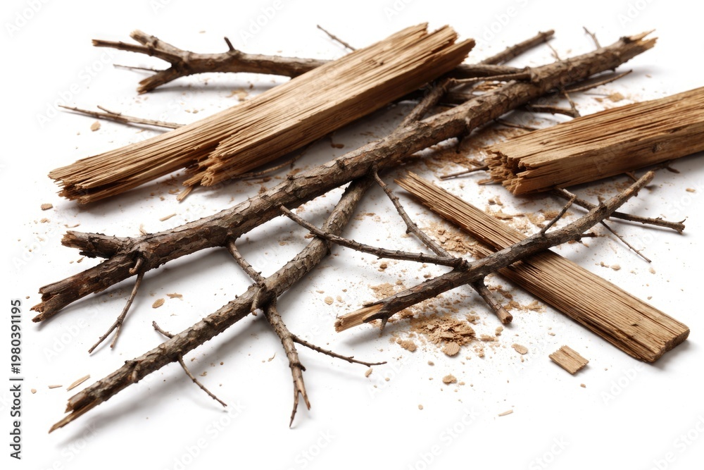 Fototapeta premium Close up view of dry tree twigs and scattered broken wood planks on white background