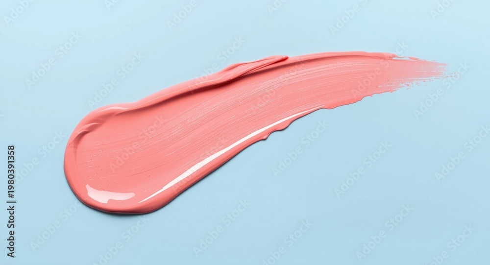 Fototapeta premium Minimalist natural luxury with coral pink pastel paint fluid on soft blue background and copy space