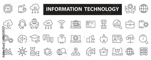 Information Technology Thin Line Icon Set. IT, Software, Network, Data, Cloud Computing and Cyber Technology Outline Icons. Editable Stroke Vector EPS