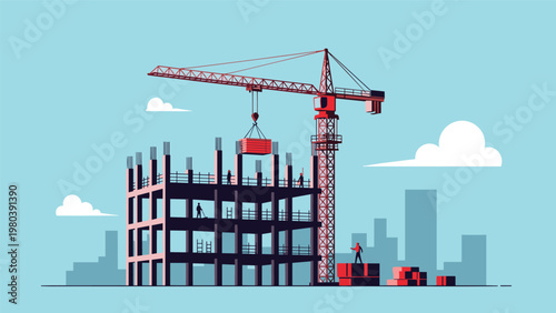 Massive construction project showing the framework of a new high-rise building with a large tower crane and workers on different levels.