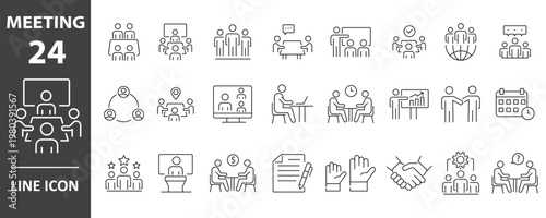 Meeting and Conference Thin Line Icon Set. Discussion, Planning, Interview, Seminar, Presentation and Business Communication Outline Icons. Editable Stroke Vector EPS
