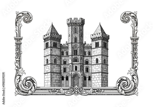A detailed black and white illustration of a grand castle with intricate architectural details, framed by decorative scrollwork, evoking a sense of history and grandeur