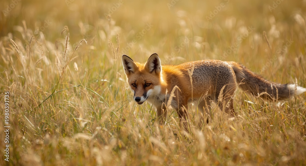 Fototapeta premium Vibrant Fox Explores a Sunny and Playful Summer Field
