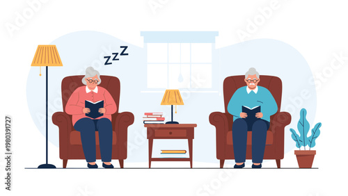 Elderly couple relaxing in a cozy living room with one reading a book and the other taking a nap in a comfortable armchair.