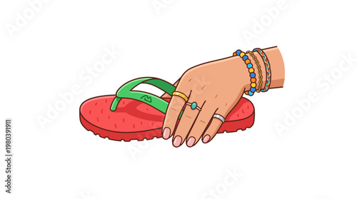 Vibrant illustration of a hand adorned with colorful jewelry gently holding a red summer sandal, embodying relaxation, warm weather fashion, and leisurely vacation style