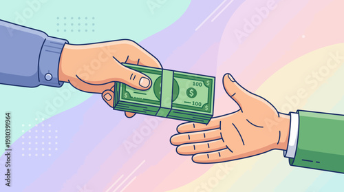 Illustration of a business transaction where one hand gives a stack of money to another hand, symbolizing payment or financial exchange
