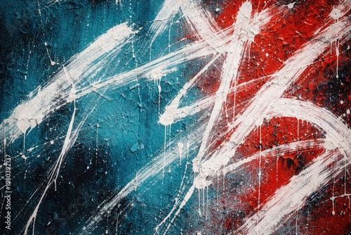 Close up vibrant teal blue and red textured wall with white paint strokes messy street fashion backdrop with copy space