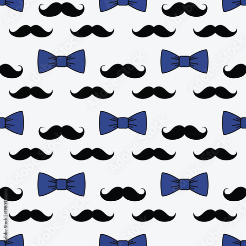 Seamless pattern of black mustaches and blue bow ties on a white background.