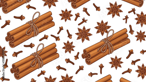 Seamless pattern of aromatic cinnamon sticks tied with string, star anise seeds, and dried cloves scattered on a white background.