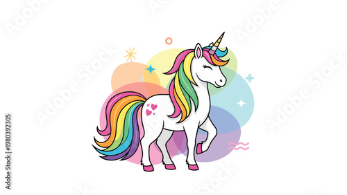 Magical white unicorn with a vibrant rainbow mane and tail standing proudly against a colorful background of soft pastel shapes.