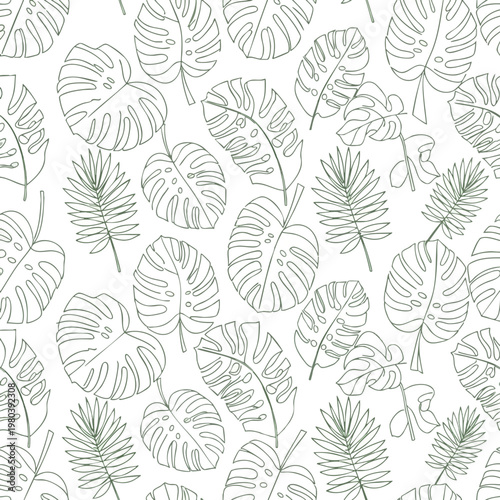 A repeating pattern of green outline monstera and palm leaves on a white background