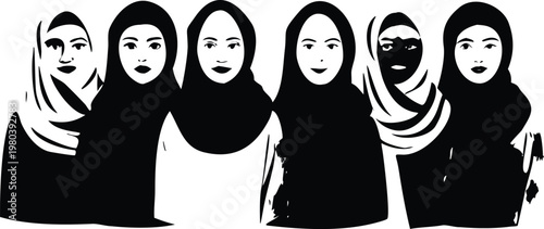 group of muslim women in traditional hijabs. black and white vector illustration for design.