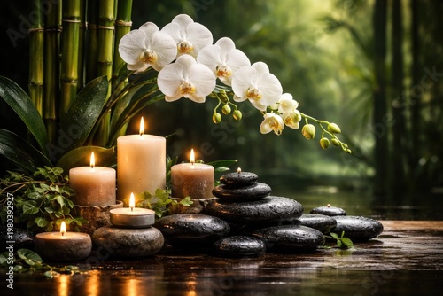 Sophisticated orchid and candle arrangement with bamboo stalks and zen stones
