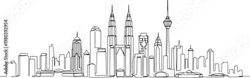 Continuous single line drawing of Kuala Lumpur skyline, Malaysia city landmark outline