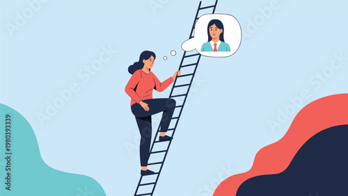 Determined woman climbing a tall ladder while envisioning her successful future self as a professional business leader in a bubble.