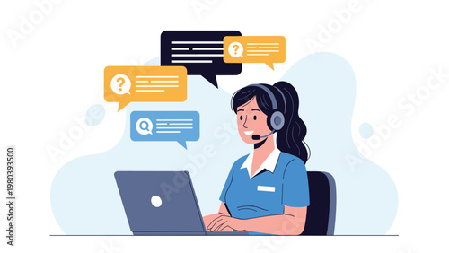 Friendly female customer service representative wearing a headset and working on a laptop with colorful chat bubbles for support.