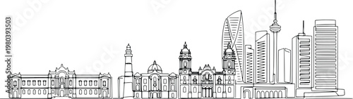 Continuous single line drawing of Lima skyline, Peru coastal capital city outline