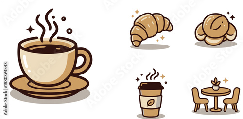 Coffee and Bakery Icons Set with Hot Espresso Croissant Coffee Beans and Café Table
