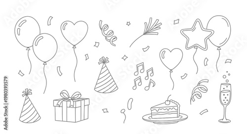 Hand-drawn doodle illustration of a birthday party with balloons, cake, gift box, and confetti