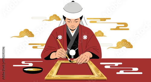 Japanese craftsman meticulously paints a golden frame with traditional brushwork and ornate clouds.
