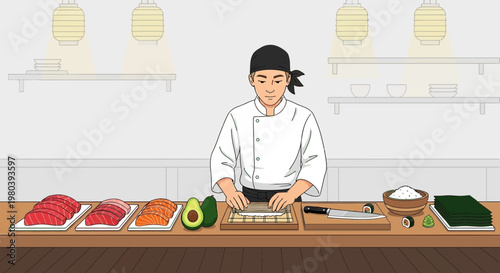 Japanese chef preparing sushi rolls with fresh ingredients in a kitchen