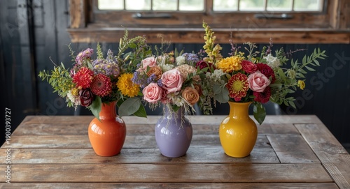 Vibrant floral arrangement with three colorful vases on a rustic wooden table indoors